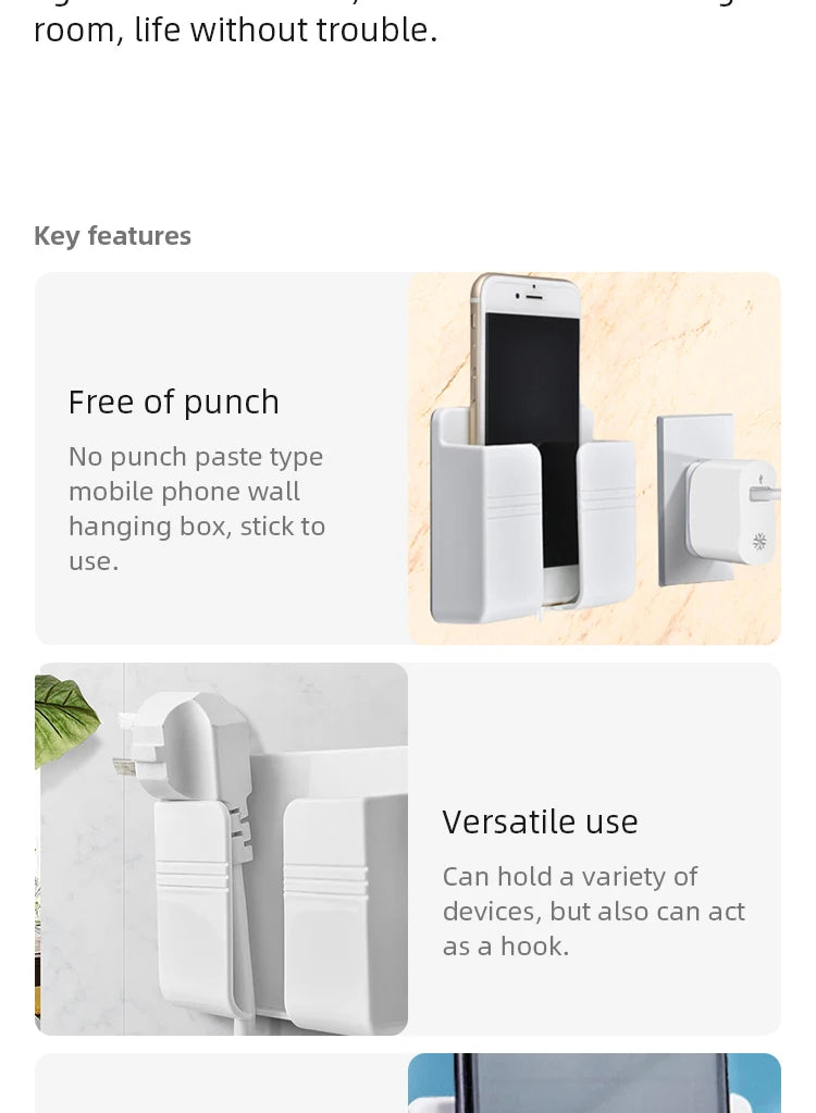 3pcs Wall Mount Phone Holder White Punch Free Wall Mobile Phones Charging Stand Lazy Sticky Remote Control Storage Box