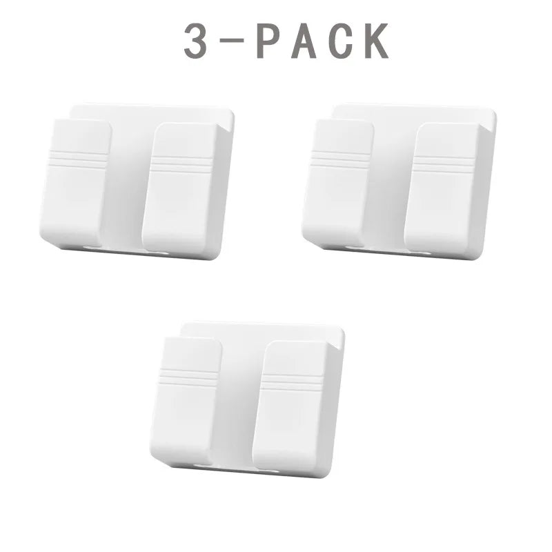 3pcs Wall Mount Phone Holder White Punch Free Wall Mobile Phones Charging Stand Lazy Sticky Remote Control Storage Box