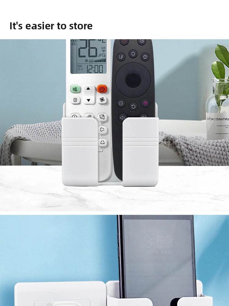 3pcs Wall Mount Phone Holder White Punch Free Wall Mobile Phones Charging Stand Lazy Sticky Remote Control Storage Box