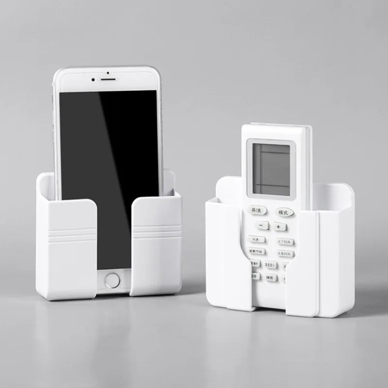 3pcs Wall Mount Phone Holder White Punch Free Wall Mobile Phones Charging Stand Lazy Sticky Remote Control Storage Box