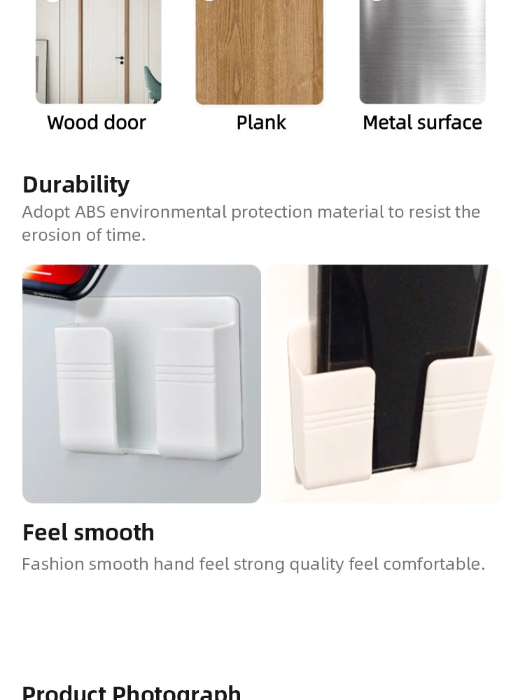 3pcs Wall Mount Phone Holder White Punch Free Wall Mobile Phones Charging Stand Lazy Sticky Remote Control Storage Box