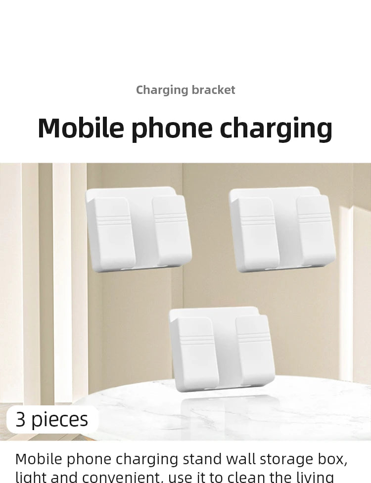 3pcs Wall Mount Phone Holder White Punch Free Wall Mobile Phones Charging Stand Lazy Sticky Remote Control Storage Box